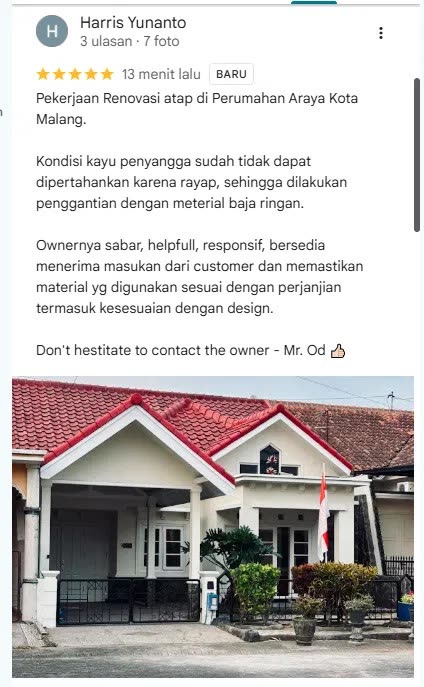 Screenshot ulasan Google Harris Yunanto, renovasi atap di Araya